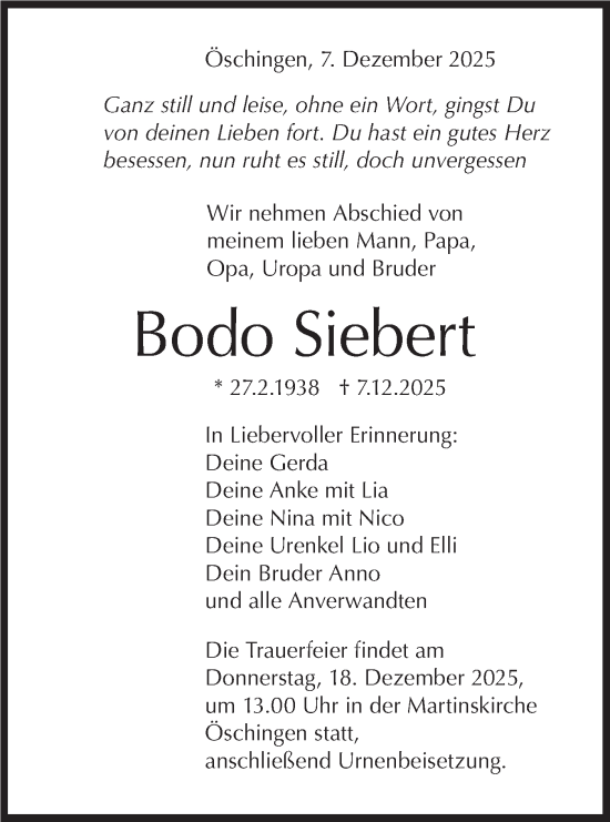 Traueranzeige von Bodo Siebert von Schwäbische Tagblatt