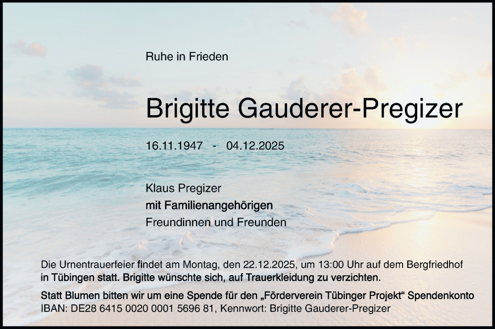  Traueranzeige für Brigitte Gauderer-Pregizer vom 15.12.2025 aus Schwäbische Tagblatt