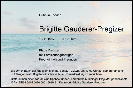 Traueranzeige von Brigitte Gauderer-Pregizer von Schwäbische Tagblatt