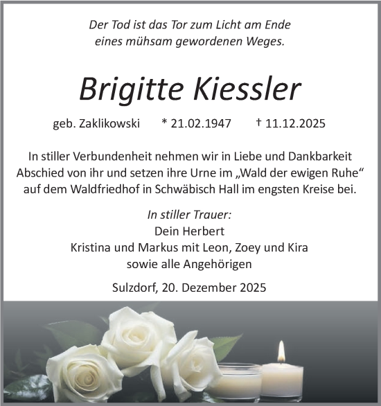 Traueranzeige von Brigitte Kiessler von Haller Tagblatt