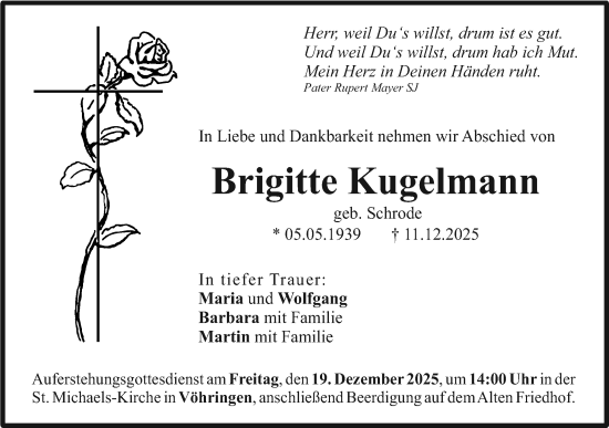 Traueranzeige von Brigitte Kugelmann von SÜDWEST PRESSE Ausgabe Ulm/Neu-Ulm