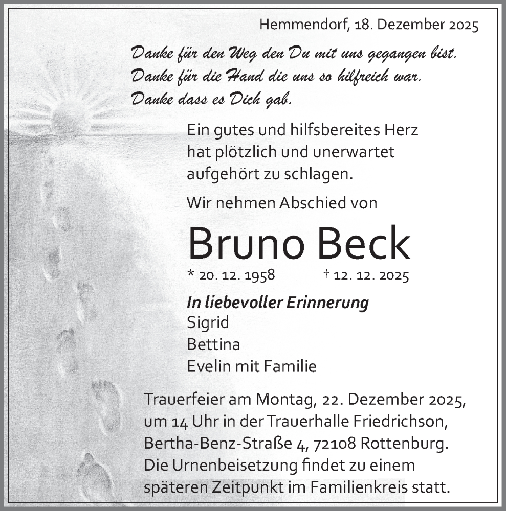  Traueranzeige für Bruno Beck vom 18.12.2025 aus Schwäbische Tagblatt