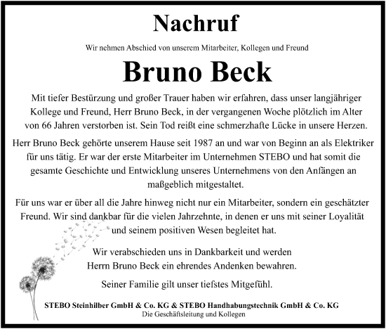Traueranzeige von Bruno Beck von Schwäbische Tagblatt