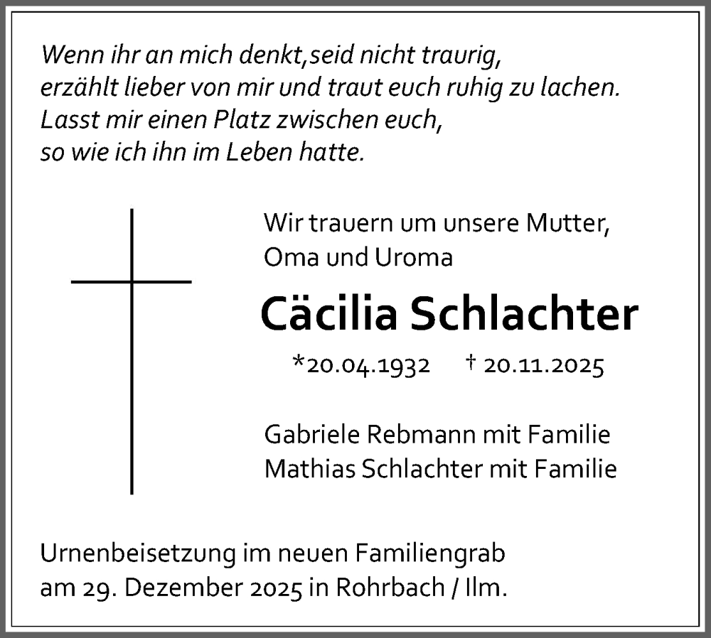  Traueranzeige für Cäcilia Schlachter vom 18.12.2025 aus Schwäbische Tagblatt