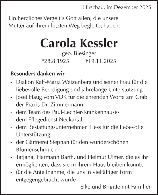 Traueranzeige von Carola Kessler von Schwäbische Tagblatt