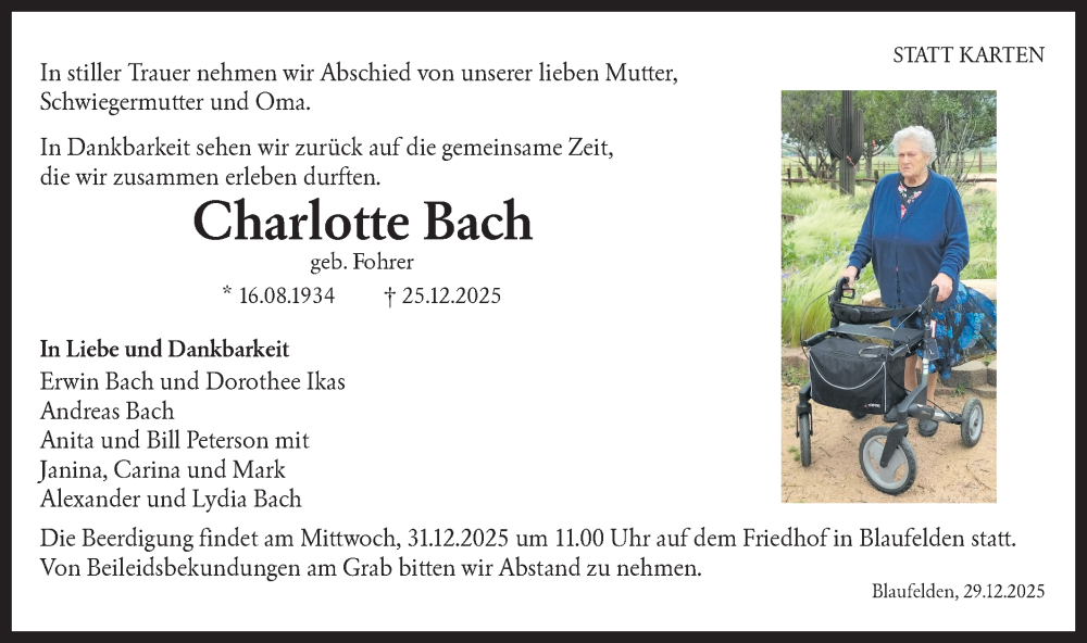  Traueranzeige für Charlotte Bach vom 30.12.2025 aus Hohenloher Tagblatt
