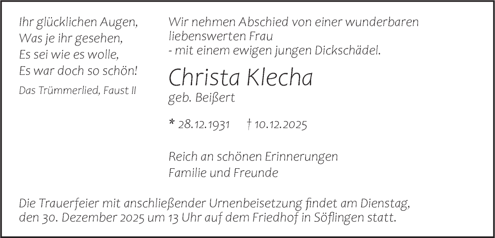  Traueranzeige für Christa Klecha vom 20.12.2025 aus SÜDWEST PRESSE Ausgabe Ulm/Neu-Ulm