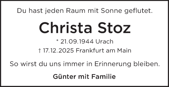 Traueranzeige von Christa Stoz von Alb-Bote/Metzinger-Uracher Volksblatt
