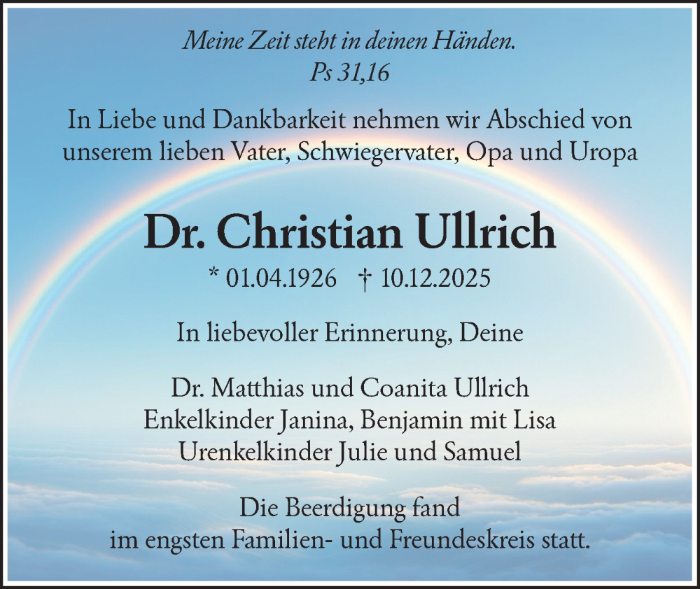  Traueranzeige für Christian Ullrich vom 20.12.2025 aus SÜDWEST PRESSE Ausgabe Ulm/Neu-Ulm