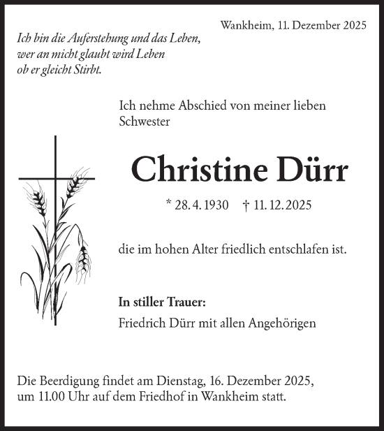 Traueranzeige von Christine Dürr von Schwäbische Tagblatt