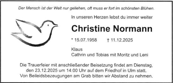 Traueranzeige von Christine Normann von SÜDWEST PRESSE Ausgabe Ulm/Neu-Ulm