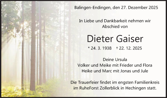 Traueranzeige von Dieter Gaiser von SÜDWEST PRESSE Zollernalbkreis/Hohenzollerische Zeitung