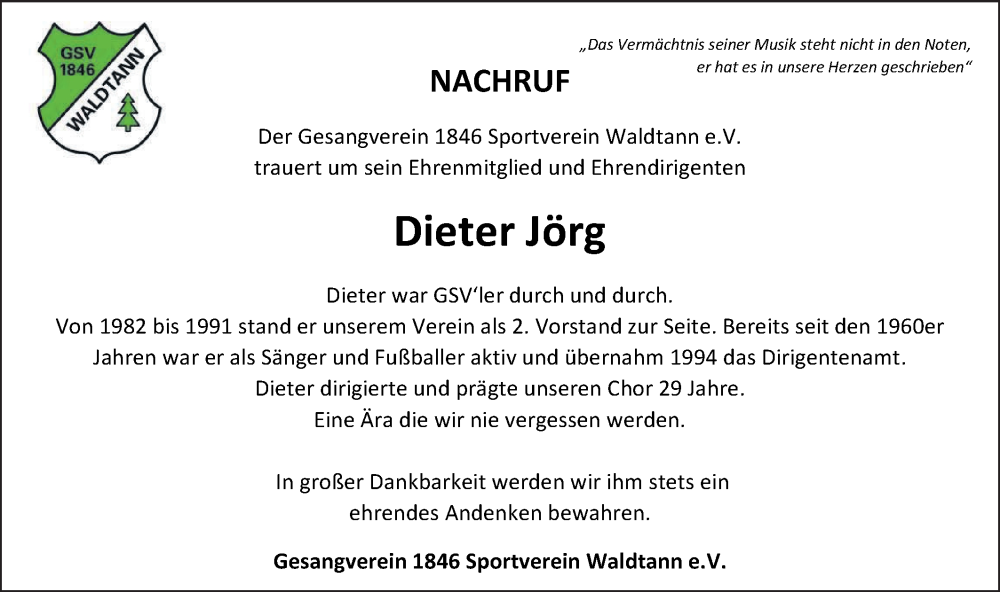  Traueranzeige für Dieter Jörg vom 06.12.2025 aus Hohenloher Tagblatt