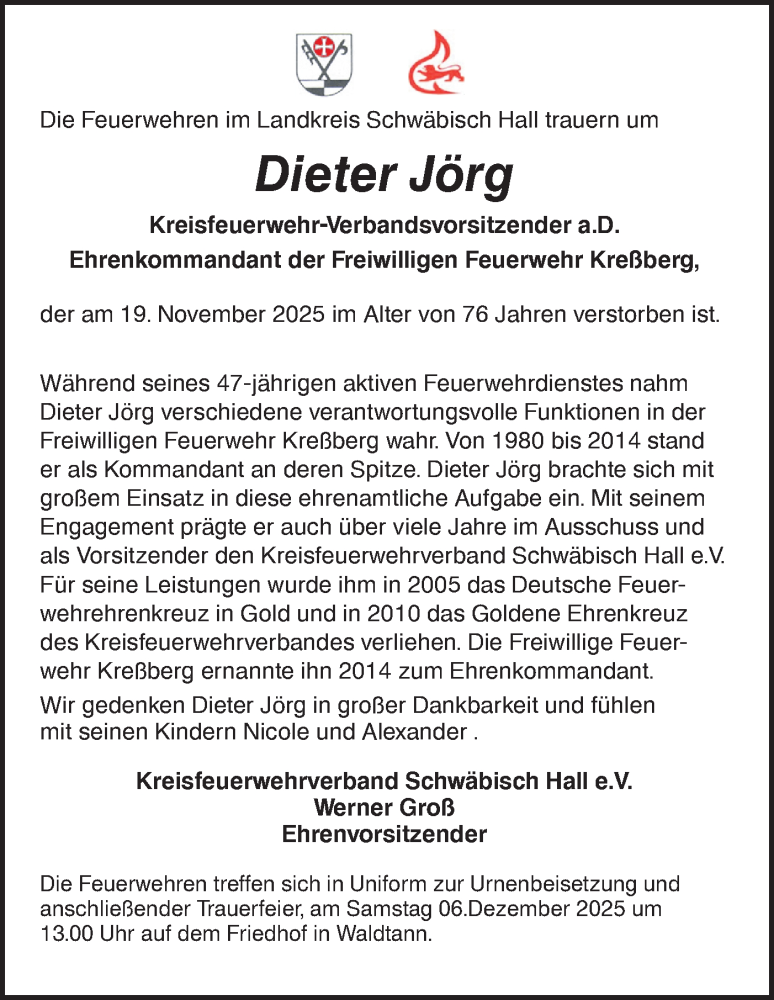  Traueranzeige für Dieter Jörg vom 04.12.2025 aus Hohenloher Tagblatt