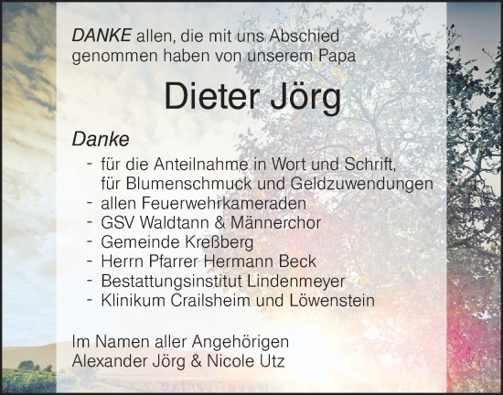 Traueranzeige von Dieter Jörg von Hohenloher Tagblatt