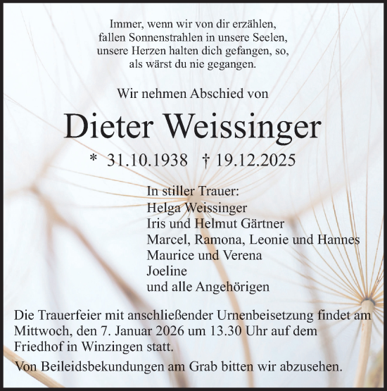 Traueranzeige von Dieter Weissinger von NWZ Neue Württembergische Zeitung