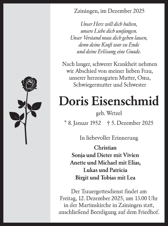 Traueranzeige von Doris Eisenschmid von Alb-Bote/Metzinger-Uracher Volksblatt