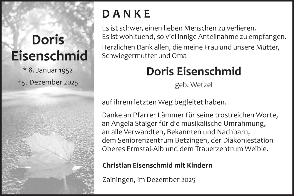 Traueranzeige für Doris Eisenschmid vom 23.12.2025 aus Alb-Bote/Metzinger-Uracher Volksblatt
