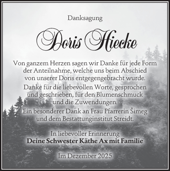 Traueranzeige von Doris Hiecke von SÜDWEST PRESSE Ausgabe Ulm/Neu-Ulm