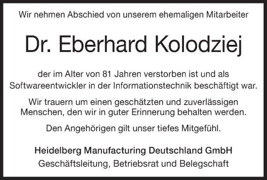 Traueranzeige von Eberhard Kolodziej von Geislinger Zeitung