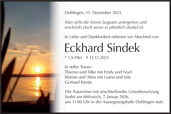 Traueranzeige von Eckhard Sindek von Schwäbische Tagblatt