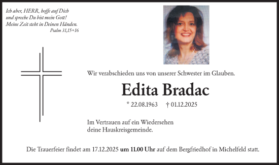 Traueranzeige von Edita Bradac von Haller Tagblatt