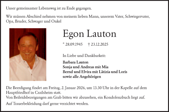 Traueranzeige von Egon Lauton von Hohenloher Tagblatt