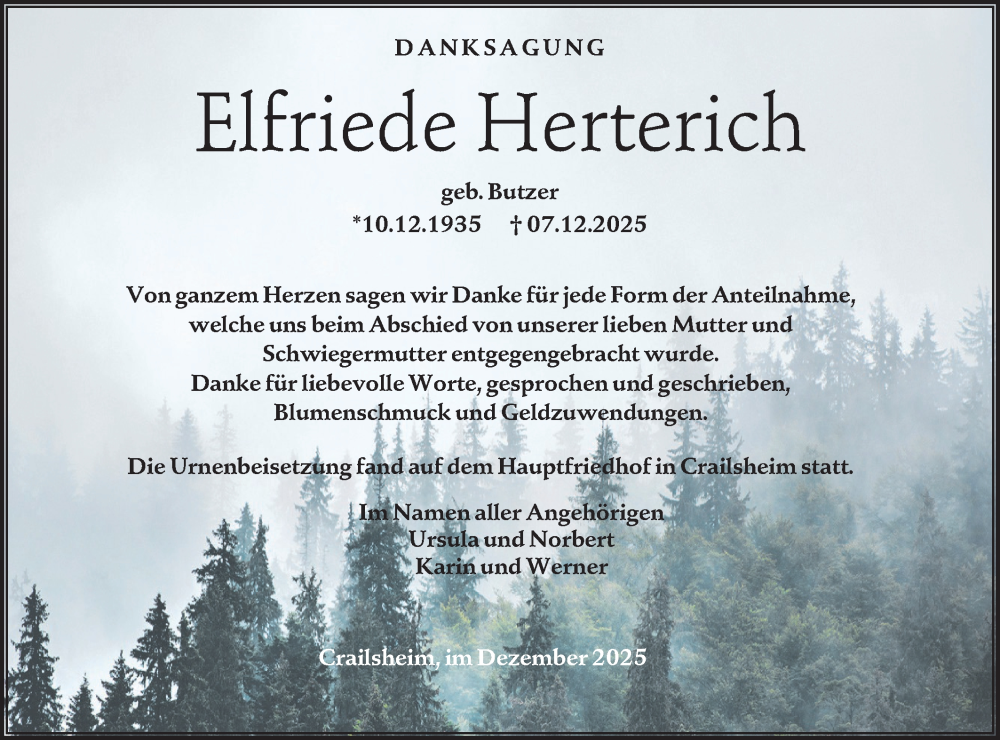  Traueranzeige für Elfriede Herterich vom 27.12.2025 aus Hohenloher Tagblatt