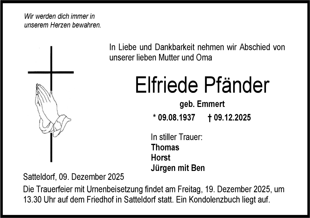  Traueranzeige für Elfriede Pfänder vom 17.12.2025 aus Hohenloher Tagblatt