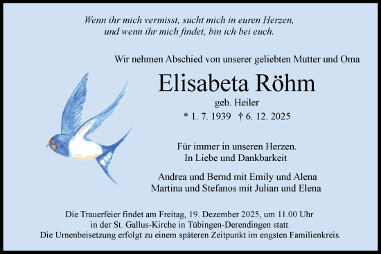 Traueranzeige von Elisabeta Röhm von Schwäbische Tagblatt