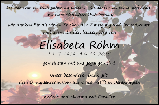 Traueranzeige von Elisabeta Röhm von Schwäbische Tagblatt