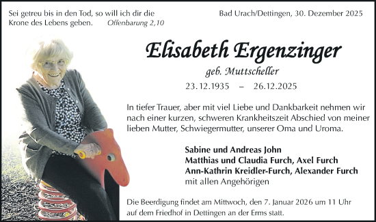 Traueranzeige von Elisabeth Ergenzinger von Alb-Bote/Metzinger-Uracher Volksblatt