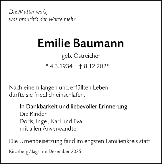 Traueranzeige von Emilie Baumann von Hohenloher Tagblatt