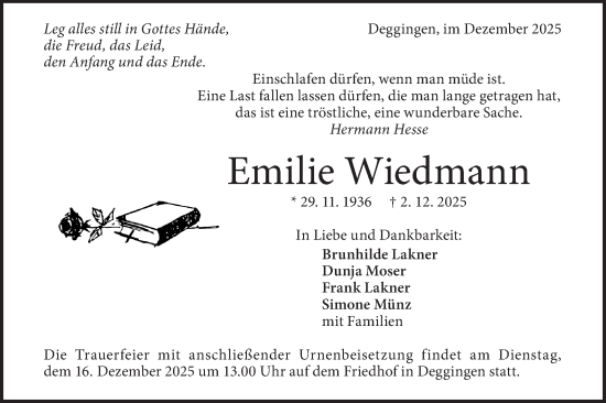 Traueranzeige von Emilie Wiedmann von Geislinger Zeitung