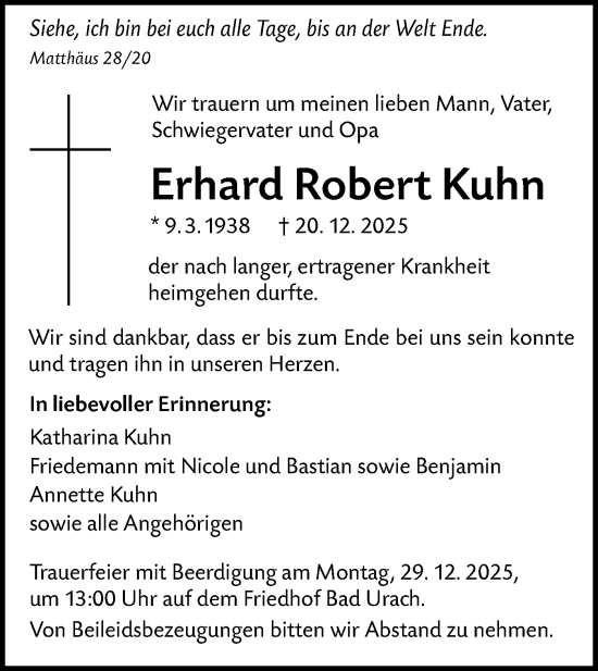 Traueranzeige von Erhard Robert Kuhn von Alb-Bote/Metzinger-Uracher Volksblatt