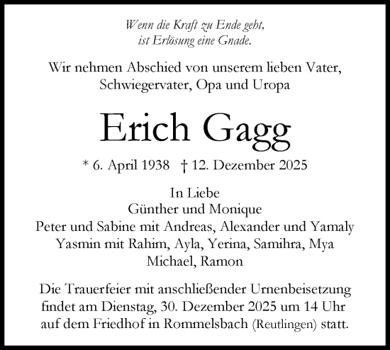 Traueranzeige von Erich Gagg von Schwäbische Tagblatt