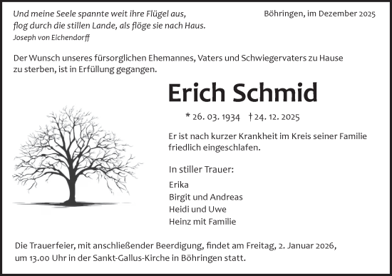 Traueranzeige von Erich Schmid von Alb-Bote/Metzinger-Uracher Volksblatt