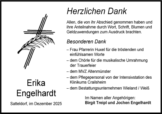 Traueranzeige von Erika Engelhardt von Hohenloher Tagblatt