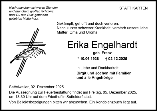 Traueranzeige von Erika Engelhardt von Hohenloher Tagblatt