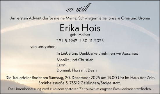 Traueranzeige von Erika Hois von Geislinger Zeitung