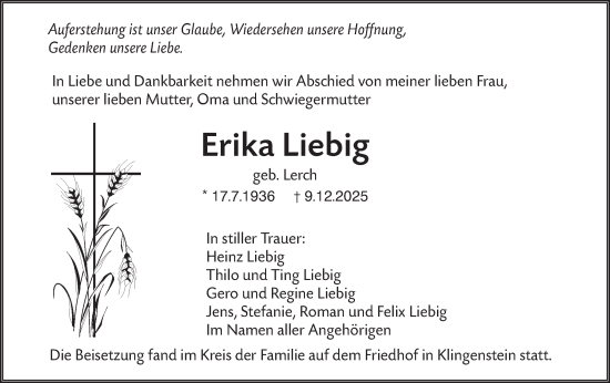 Traueranzeige von Erika Liebig von SÜDWEST PRESSE Ausgabe Ulm/Neu-Ulm