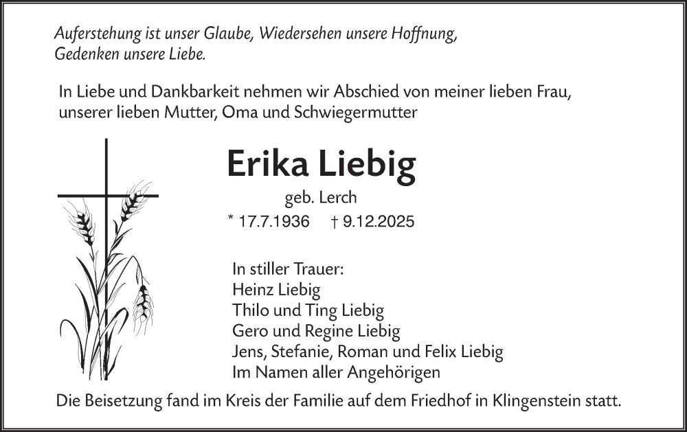  Traueranzeige für Erika Liebig vom 20.12.2025 aus SÜDWEST PRESSE Ausgabe Ulm/Neu-Ulm