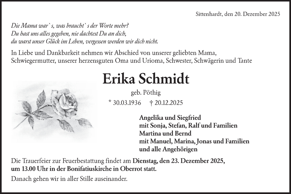  Traueranzeige für Erika Schmidt vom 23.12.2025 aus Haller Tagblatt
