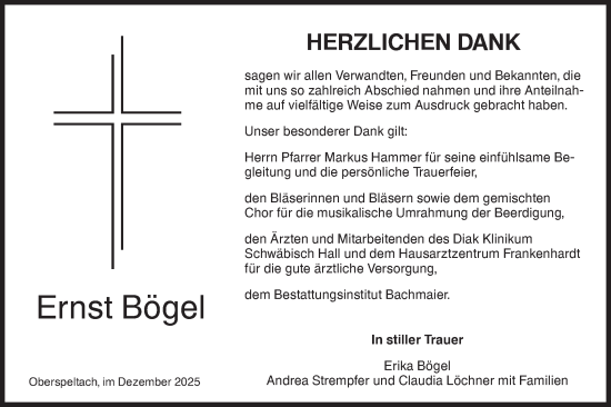 Traueranzeige von Ernst Bögel von Hohenloher Tagblatt