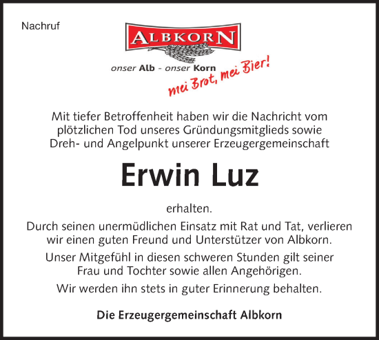 Traueranzeige von Erwin Luz von Alb-Bote/Metzinger-Uracher Volksblatt