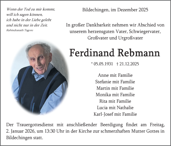 Traueranzeige von Ferdinand Rebmann von Neckar-Chronik
