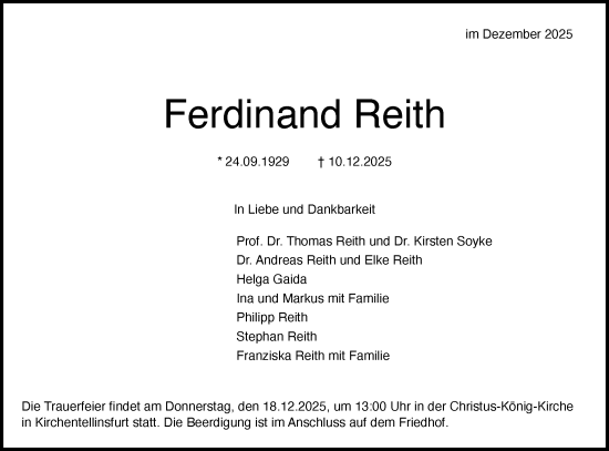 Traueranzeige von Ferdinand Reith von Schwäbische Tagblatt