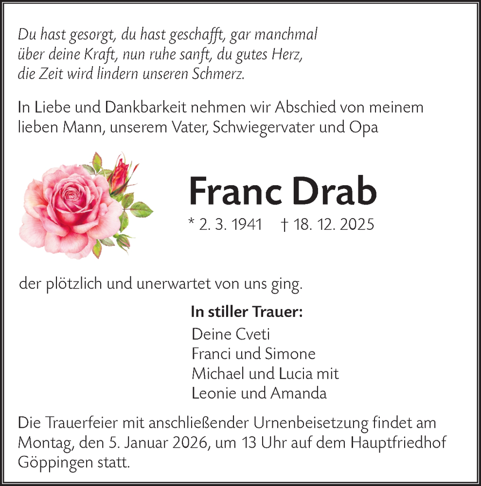  Traueranzeige für Franc Drab vom 27.12.2025 aus NWZ Neue Württembergische Zeitung