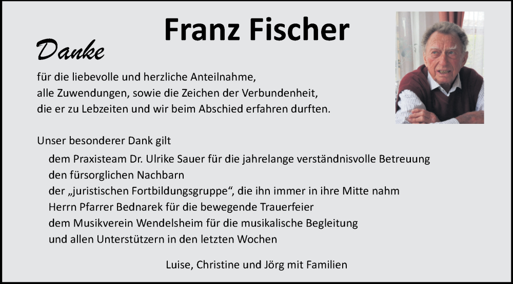  Traueranzeige für Franz Fischer vom 23.12.2025 aus Schwäbische Tagblatt