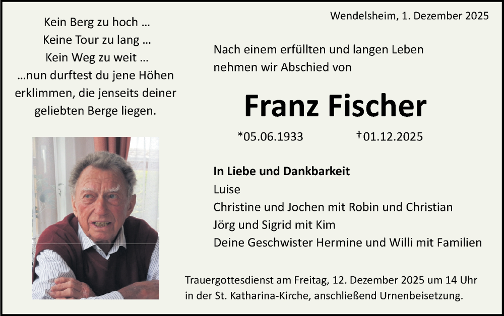  Traueranzeige für Franz Fischer vom 05.12.2025 aus Schwäbische Tagblatt